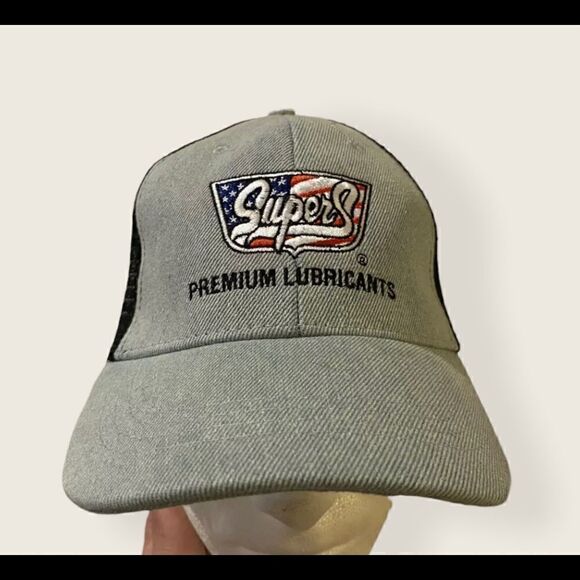 Super S Premuim Lubricants Logo Denim Hat Cap Mesh Snapback US Flag NWOT - Picture 3 of 8